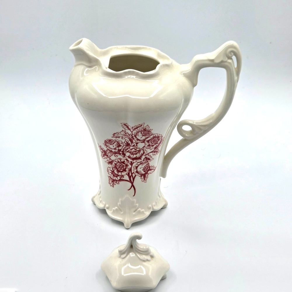 Certified International Coffee Pot Teapot with Delecate Burgundy Floral Transfer - Picture 10 of 13